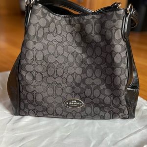 Coach Edie Singnature Black Grey Learher Shoulder Bag Purse